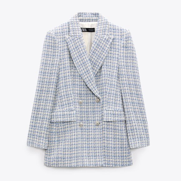 ZARA WOMAN NEW TEXTURED PLAID BLAZER DOUBLE BREASTED WHITE BLUE 8415/107 S - Picture 4 of 11